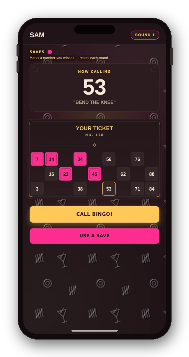 A player's bingo ticket on their own phone