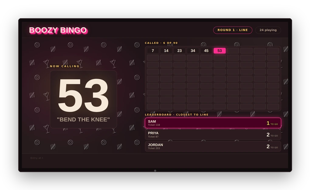 Boozy Bingo running on the big screen behind the bar