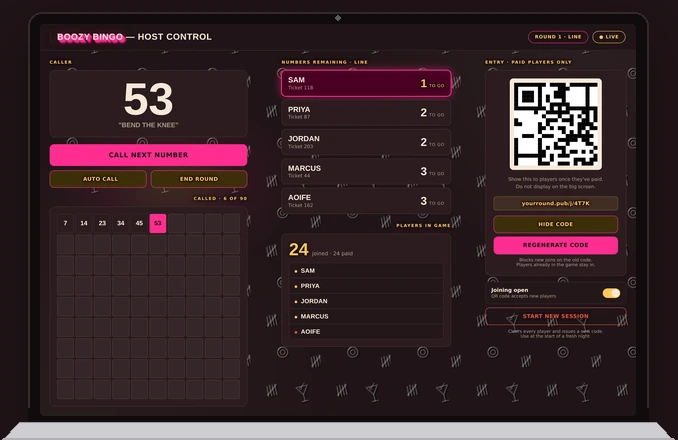 Host control screen calling a number for a round of Boozy Bingo