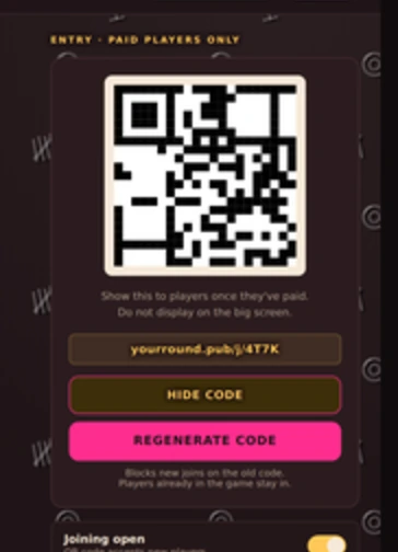 Room code shown on the host screen for players to scan